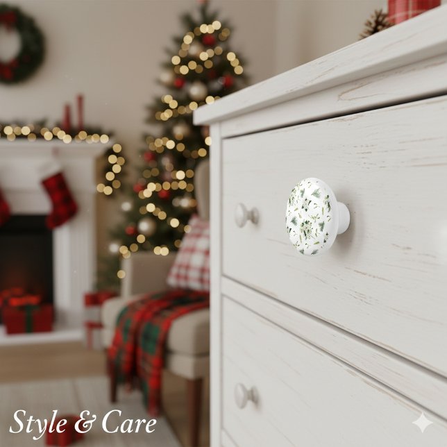 Pomo De Cerámica Elegant White and Green Floral Illustrated Ceramic (Elegant White and Green Floral Illustrated Ceramic Ceramic Knob)