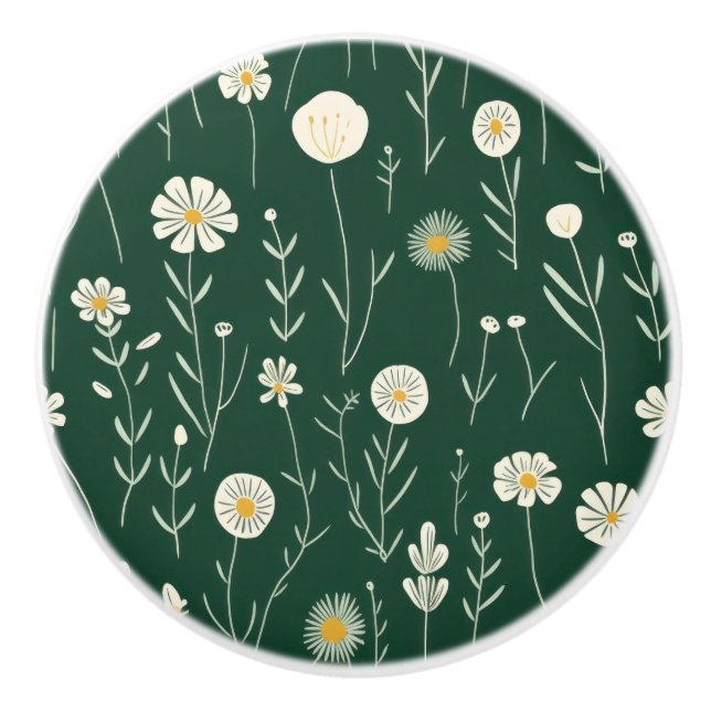 Pomo De Cerámica Elegant Wildflower Pattern on Dark Green  (Anverso)