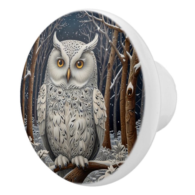 Pomo De Cerámica Elegante bosque de invierno de búho blanco (Derecha)
