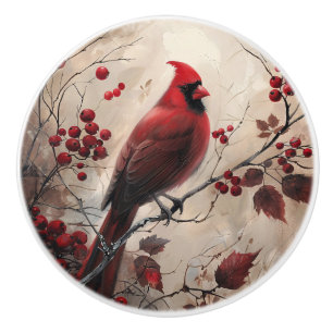 Pomo De Cerámica Elegante cardenal y pintura de berries sobre la vi
