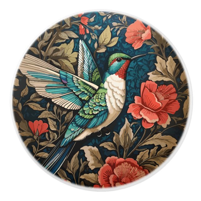 Pomo De Cerámica Elegante colibrí volador William Morris inspirado (Anverso)