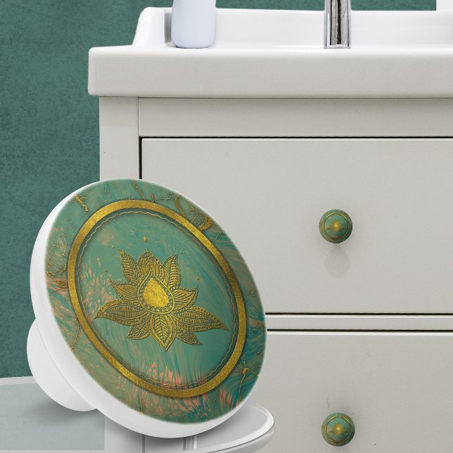 Pomo De Cerámica Elegante flor Gold Lotus en mármol (Subido por el creador)