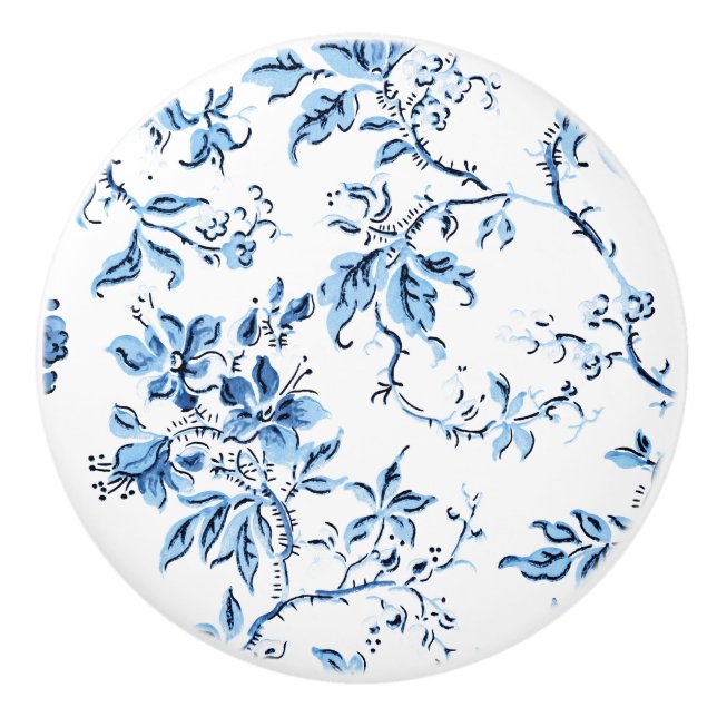Pomo De Cerámica Elegante floral azul y blanco Delft (Anverso)