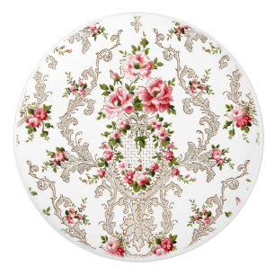 Pomo De Cerámica Elegante fondo rococó floral-blanco francés