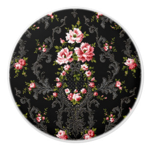Pomo De Cerámica Elegante fondo rococó floral-negro francés