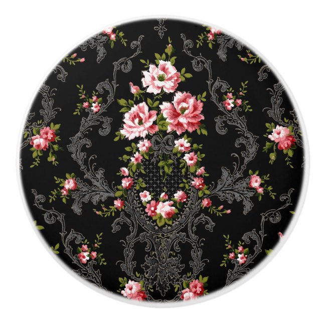 Pomo De Cerámica Elegante fondo rococó floral-negro francés (Anverso)