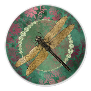 Pomo De Cerámica Elegante libélula de oro en verde con Diamantes d