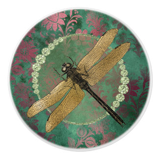Pomo De Cerámica Elegante libélula de oro en verde con Diamantes de