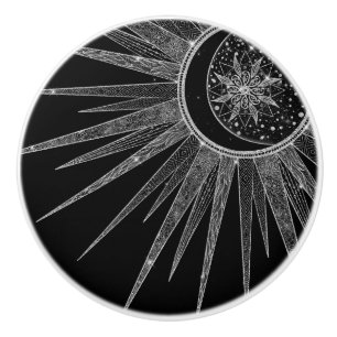 Pomo De Cerámica Elegante luna de sol plateado Mandala Diseño negr