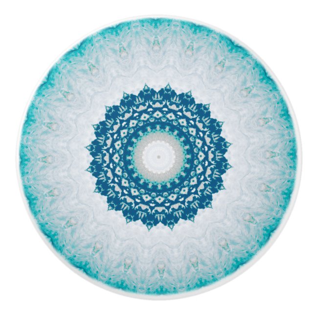 Pomo De Cerámica Elegante Mandala azul turquesa floral (Anverso)