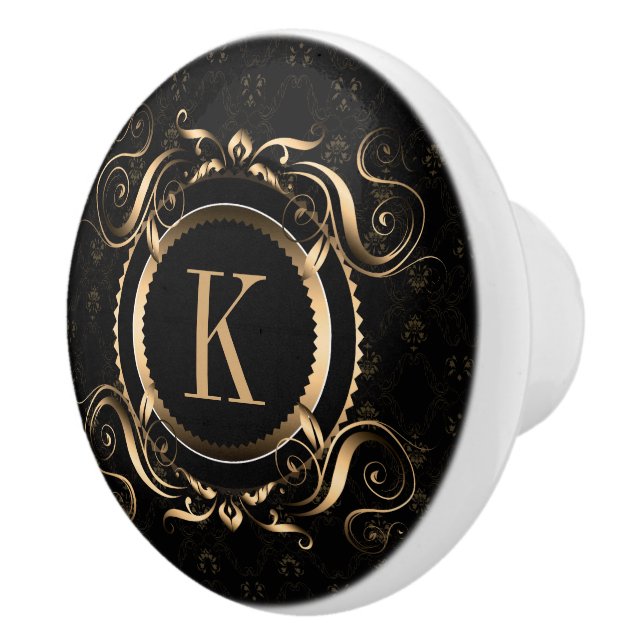 Pomo De Cerámica Elegante marco floral dorado monogramado (Derecha)
