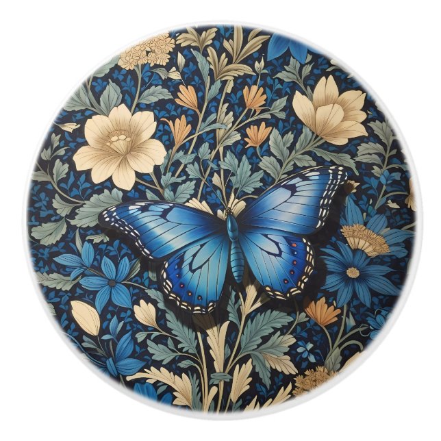 Pomo De Cerámica Elegante mariposa azul William Morris inspirado (Anverso)