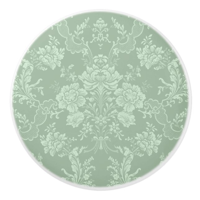 Pomo De Cerámica Elegante Moda romántica floral Damasco-Sage Verde (Anverso)