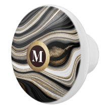 Elegante Monograma Black Gold White Agate