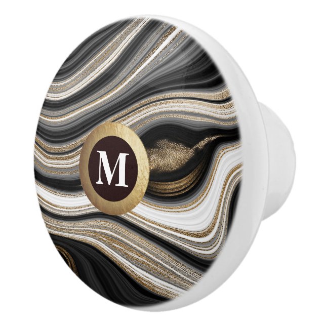 Pomo De Cerámica Elegante Monograma Black Gold White Agate (Derecha)