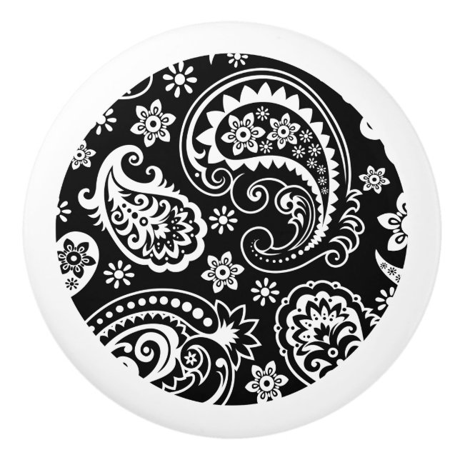 Pomo De Cerámica Elegante Paisley Floral Negra Y Blanca (Anverso)