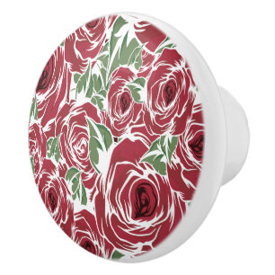 Pomo De Cerámica Elegante patrón de Rosa Vintage - Floral roja y ve