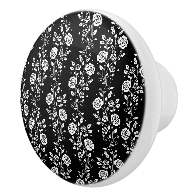 Pomo De Cerámica Elegante Patrón Floral Blanco Y Negro (Derecha)