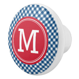 Pomo De Cerámica Elegante picnic Blue Gingham y Monograma Rojo