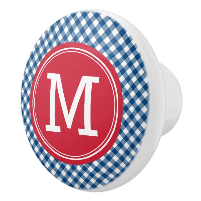 Pomo De Cerámica Elegante picnic Blue Gingham y Monograma Rojo (Derecha)