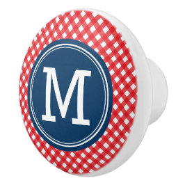 Pomo De Cerámica Elegante picnic Rojo Gingham y Monograma Azul
