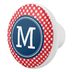 Pomo De Cerámica Elegante picnic Rojo Gingham y Monograma Azul