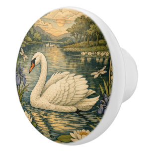 Pomo De Cerámica Elegante pintura de cisne blanco al acuarela vinta