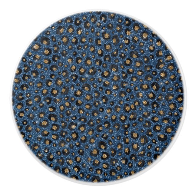 Pomo De Cerámica Elegante Purpurina azul negro Leopardo de oro (Anverso)