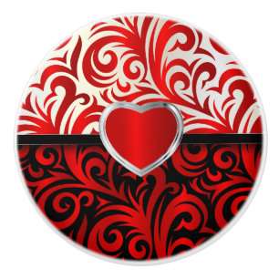 Pomo De Cerámica Elegante Red, Blanco y Negro Floral Swirls