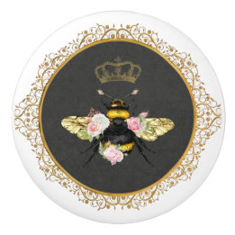 Pomo De Cerámica Elegante reina francesa abeja rosa Roses gris oro