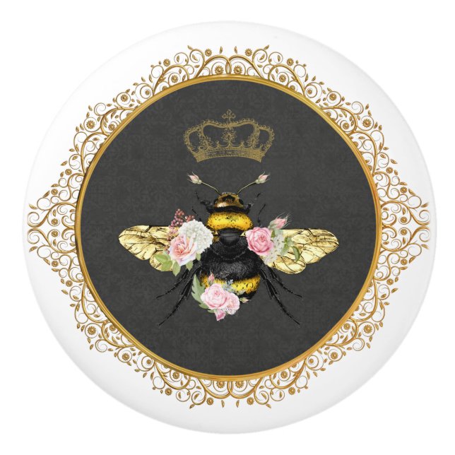 Pomo De Cerámica Elegante reina francesa abeja rosa Roses gris oro (Anverso)