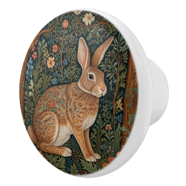 Pomo De Cerámica Elegante retro boho conejo leñoso floral (Derecha)