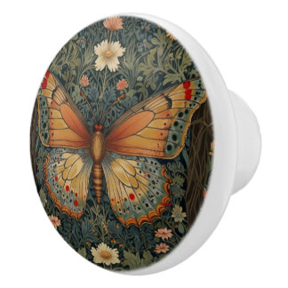 Pomo De Cerámica Elegante retro boho mariposa vegetación botánica