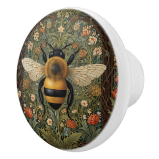 Pomo De Cerámica Elegante retro bumblebee boho arte floral botánico