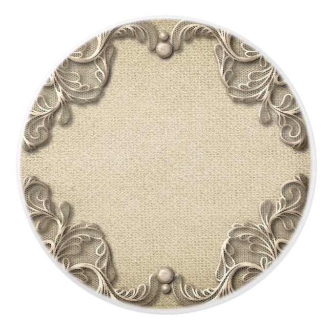 Pomo De Cerámica Elegante Rústico Rústico Burlap Lace Western Glam (Anverso)