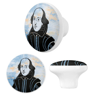 Pomo De Cerámica Elegante Shakespeare Blue White Gold Watercolor