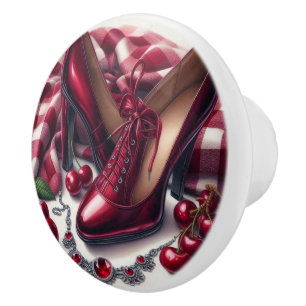 Pomo De Cerámica Elegante tacones rojos altos con cereza