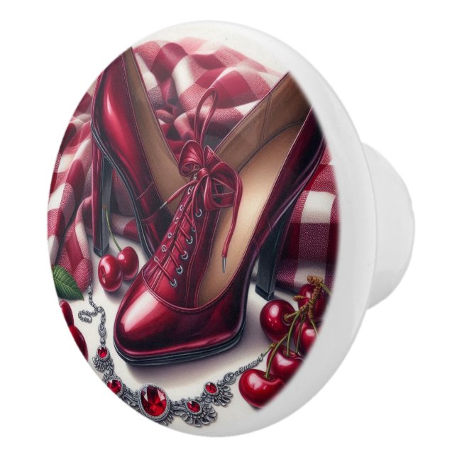 Pomo De Cerámica Elegante tacones rojos altos con cereza (Derecha)