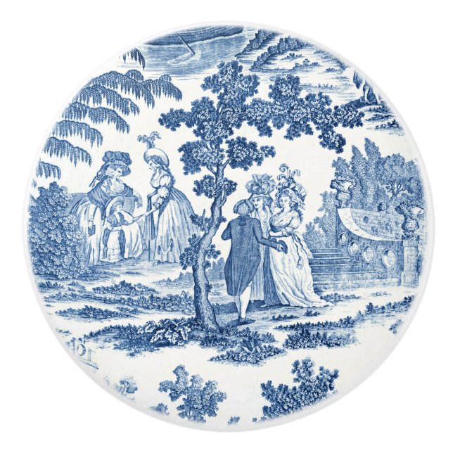 Pomo De Cerámica Elegante tela francesa azul y blanca (Anverso)