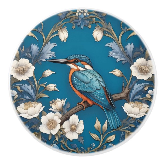 Pomo De Cerámica Elegante Turquoise Kingfisher Bird Floral (Anverso)