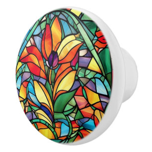 Pomo De Cerámica Elegante Vintage Patrón De Vidrio Manchado Floral