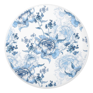 Pomo De Cerámica Elegantes Peonies con grabado azul y blanco