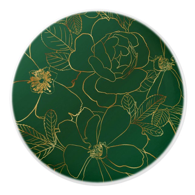 Pomo De Cerámica Elegantes Rosas del Oro Verde Dibujo de Línea Flor (Anverso)