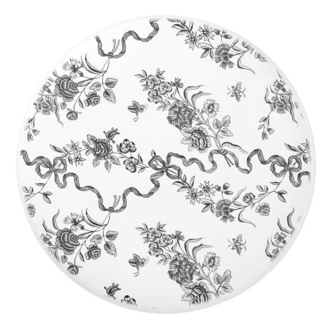 Pomo De Cerámica Elegantes Rosas negras grabadas de época y cintas (Anverso)