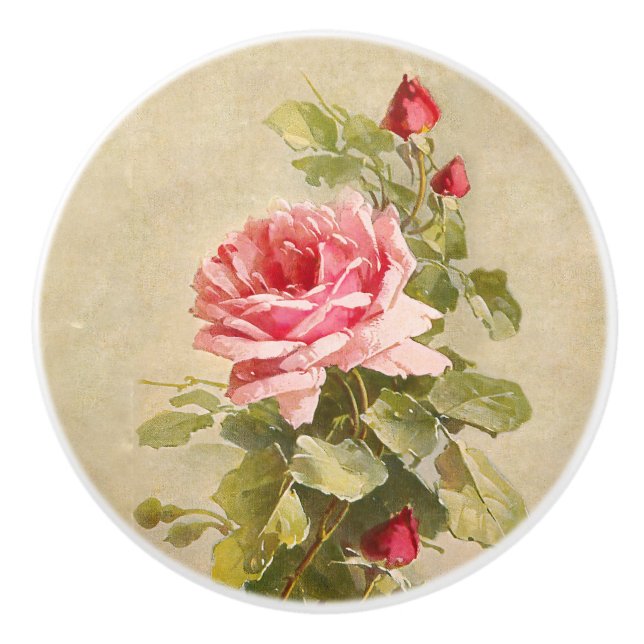 Pomo De Cerámica Elegantes rosas rosadas de época (Anverso)