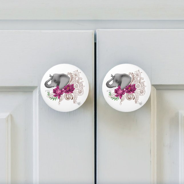 Pomo De Cerámica Elephant Henna Lotus Flowers (Subido por el creador)