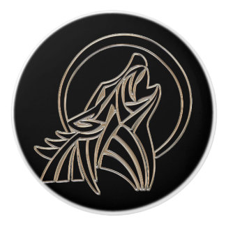 Pomo De Cerámica Emblema de lobo aullador metálico tribal