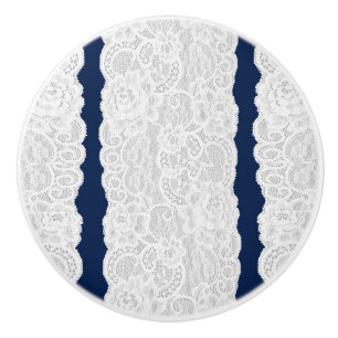 Pomo De Cerámica Encaje Azul y Blanco Rústico Romántico Elegante