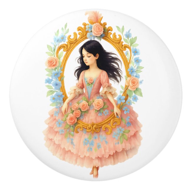 Pomo De Cerámica Encantador marco floral romántico Chica de cosecha (Anverso)