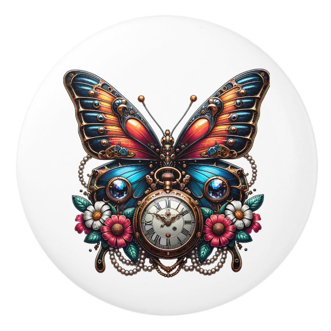 Pomo De Cerámica Engranajes, flores y mariposa de estilo Steampunk (Anverso)